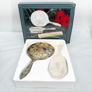 Int Silver Plated Vanity Set Embossed Ornate 3 Piece VTG Mirror Brush Comb *READ